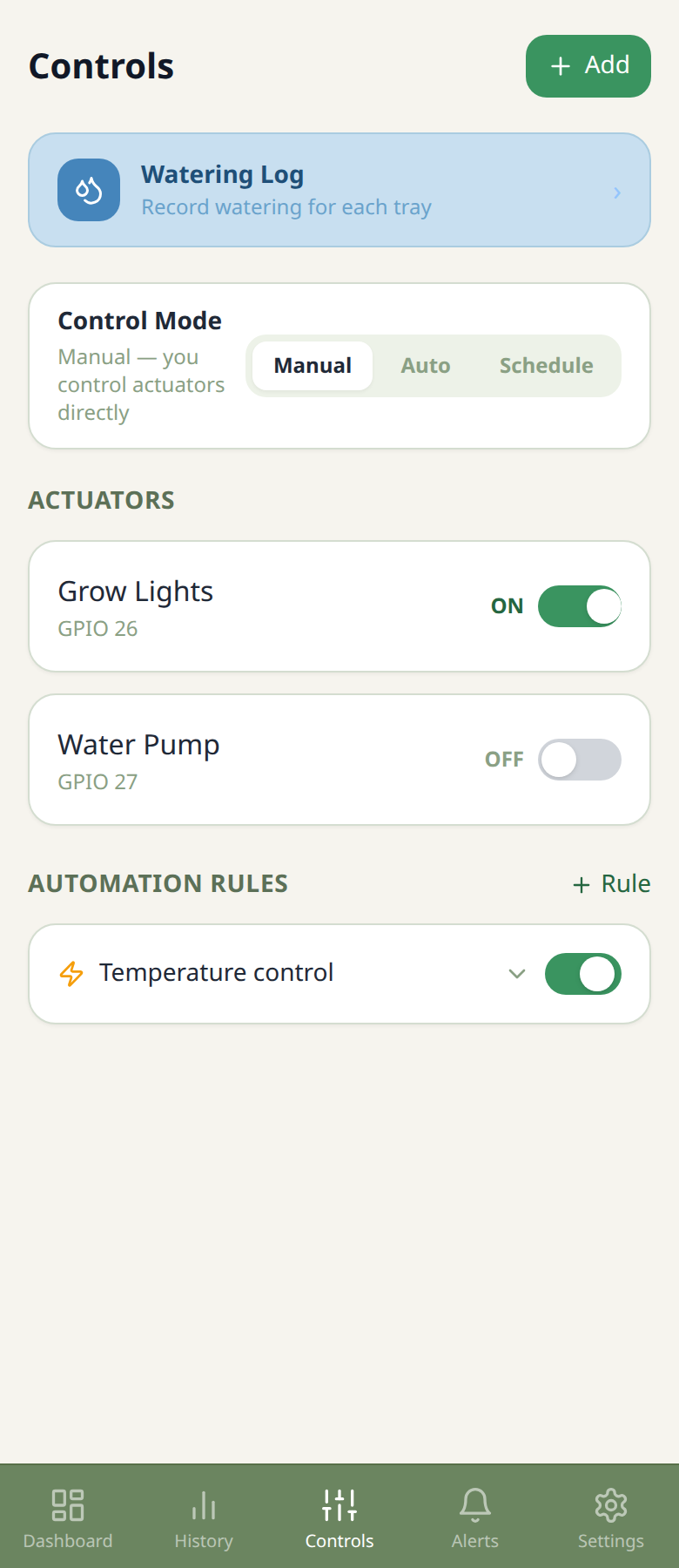 Controls page showing Grow Lights ON, Water Pump OFF, and automation rules