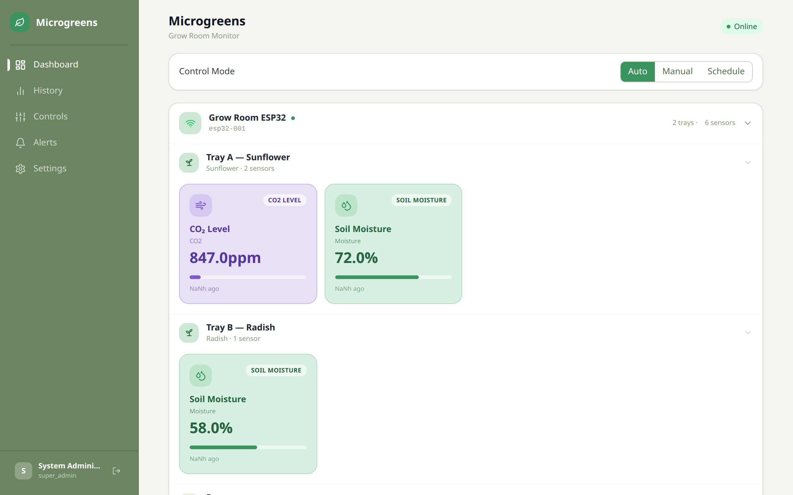 Desktop view of the GrowSense dashboard with sidebar navigation and live tray data